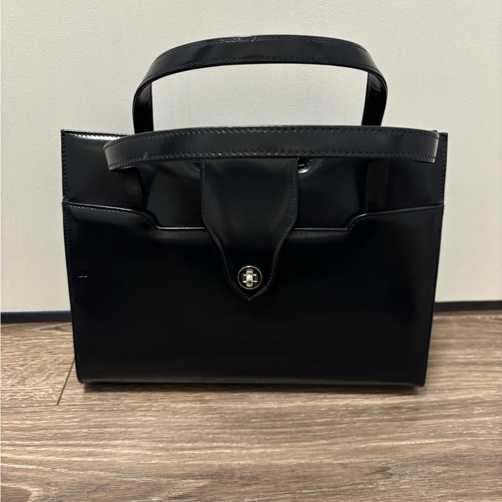Vintage 1960s Dofan Structured Turnlock black leather handbag